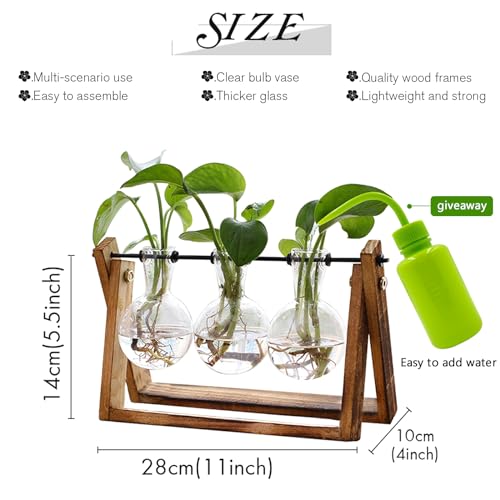 plant terrarium wooden stand XXXFLOWER Plant Terrarium with Wooden Stand, Air Planter Bulb Glass Vase Metal Swivel Holder Retro Tabletop for Hydroponics Home Garden Office Decoration - 3 Bulb Vase